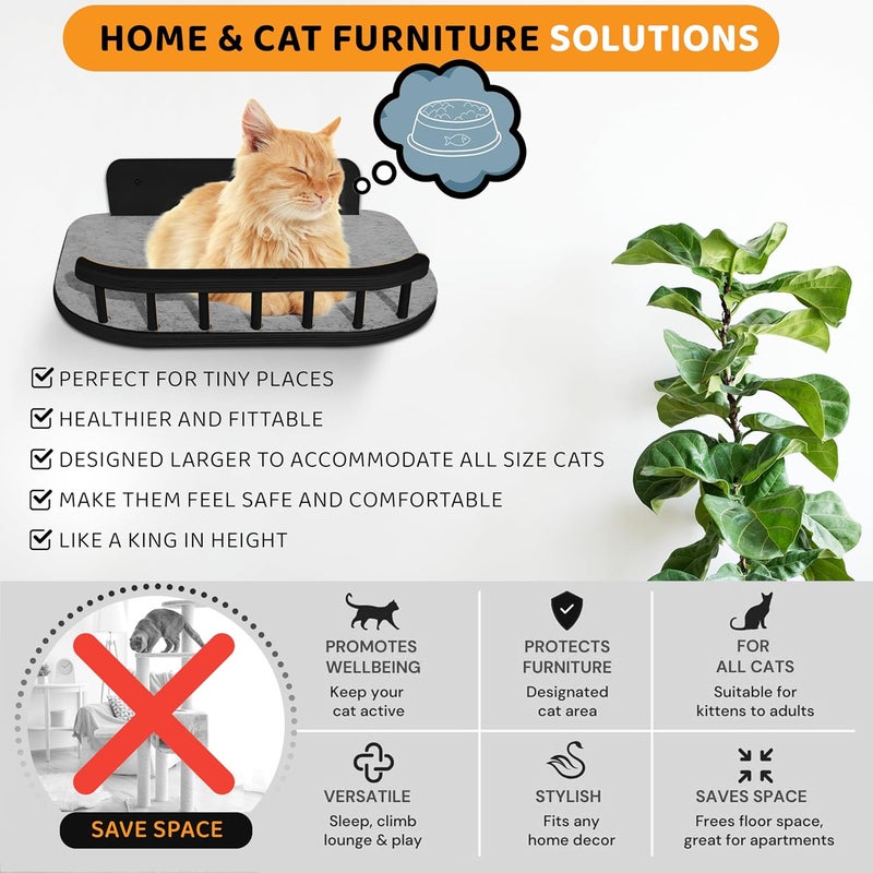 BUOGA Cat Wall Shelves with 3 Steps – Modern Wood Wall Mounted Furniture, Climber & Perch Shelf for Cats up to 30lbs – Sturdy Floating Bed for Large Cats - Black - Image 2